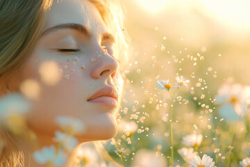 Fototapeta premium Experiencing nature beauty while managing allergies in a sunny flower field. Generative AI