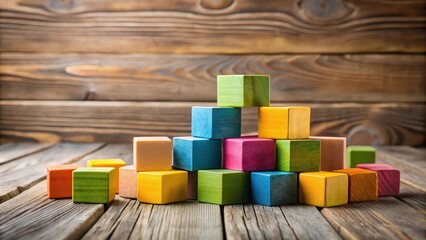 Obraz premium A colorful wooden block tower built on a weathered wooden surface with a rustic background