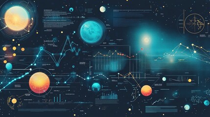 A cosmic visualization featuring planets, data graphs, and vibrant colors, illustrating the mysteries of space and science.