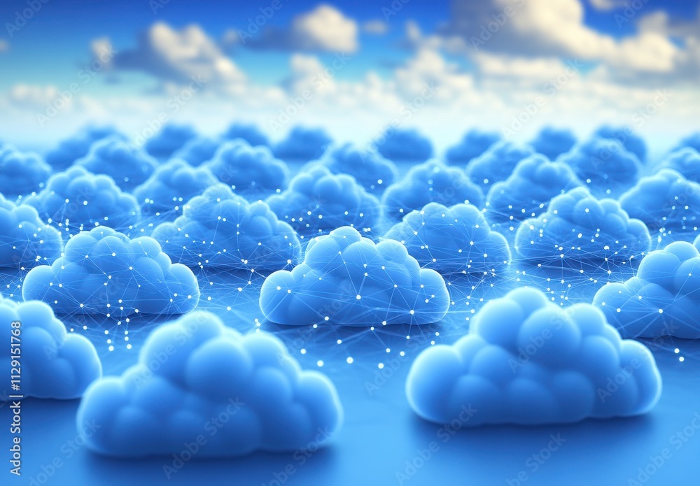 Poster abstract representation of blue clouds with connected dots depicting digital networking and technolo