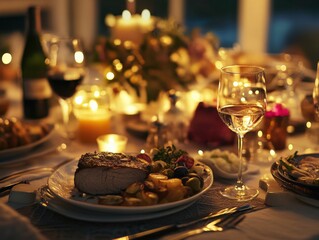 elegant dinner setting with gourmet meal and candlelight
