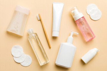 Mockup for bathing products top view flat lay, spa razor, toothpaste, soap, gel and other various accessories. Cosmetics for skin health. Bath Mockup for your logo