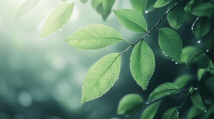 leaf-covered branch, delicate green leaves glistening with dewdrops in the morning light, set against a soft, blurred background
