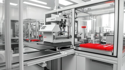A modern laboratory with automated equipment, featuring robotic arms and red test tubes arranged neatly for scientific analysis.