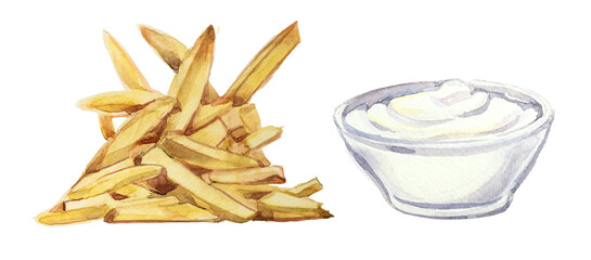 Watercolor french fries with sauce  clipart isolated on a white background. Hand painted vegetable illustration.