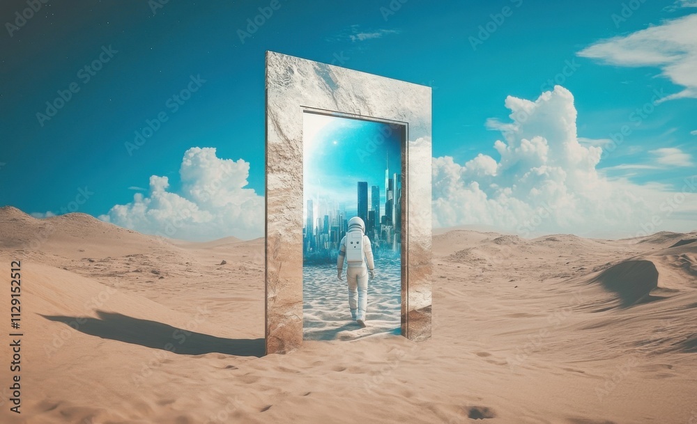 Poster a surreal door frame with an astronaut standing inside, in the middle of sand dunes and a blue sky. 