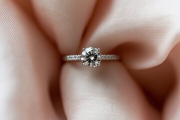 Obraz premium Solitaire diamond engagement ring on pink silk. (4)