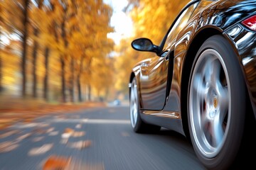 Black sports car driving on autumn road.