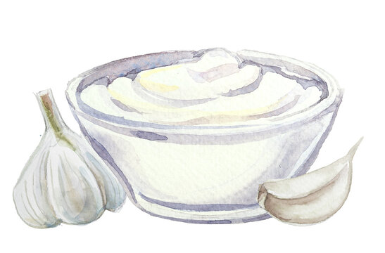 watercolor garlic and dip in a bowl clip art preview