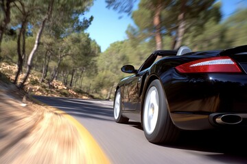 Black convertible speeding on a winding road through lush forest.