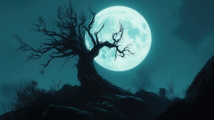 A dead tree, its leaves long gone, stands silhouetted against a bright, full moon. The moonlight illuminates the twisted branches,