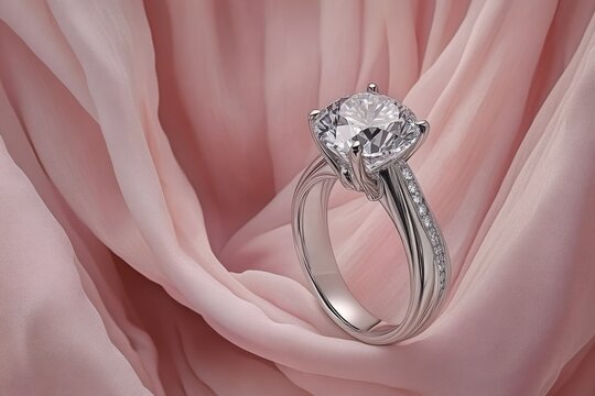 Close-up of a diamond solitaire engagement ring on pink silk.
