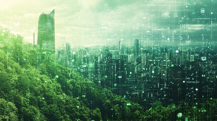 A futuristic cityscape merges with lush greenery, showcasing a harmonious blend of nature and technology in a vibrant, digitally enhanced environment.