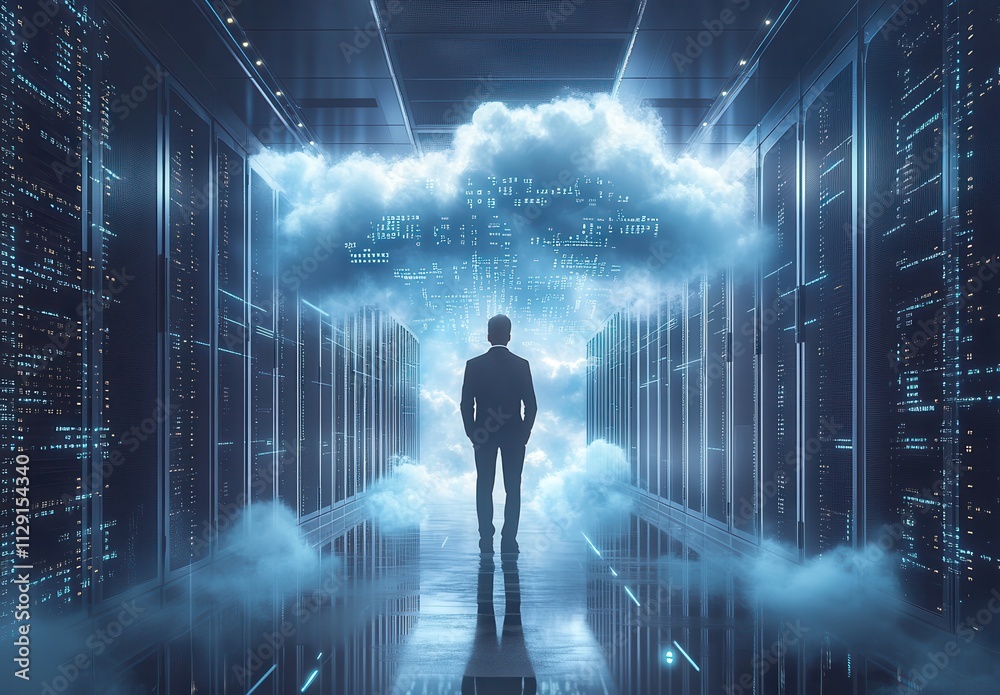 Poster businessman standing in data center with clouds representing cloud computing and digital transformat