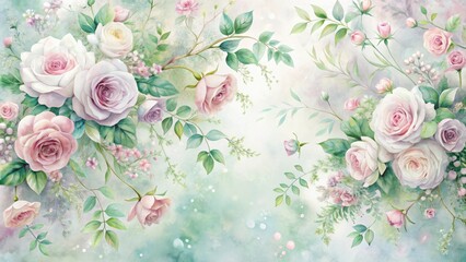 Obraz premium A Delicate Watercolor Illustration of Pink and White Roses with Lush Green Foliage on a Soft Pastel Background