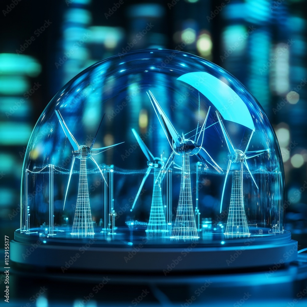 Poster Abstract blue glass dome with wind turbines inside. Renewable power generation Green energy concept. Alternative source of energy Low poly style Wireframe connection structure Modern 3d graphic Vector