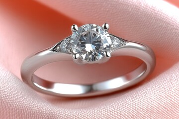 Solitaire diamond engagement ring on pink silk. (3)