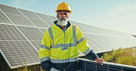 Black man, portrait and solar panel at farm, energy saving and supervisor for panel maintenance. Mature person, renewable power supply and outdoor for ecology project, safety helmet and grid system © ChasingMagic/peopleimages.com