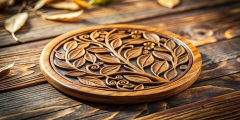 Intricately Carved Wooden Plaque with Floral Design Depicting a Branch with Detailed Leaves and Swirls