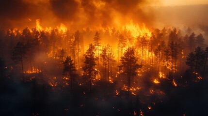 Fiery inferno engulfs a dense pine forest, creating a dramatic and intense wildfire scene.