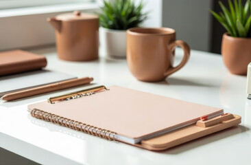 office accessories, computer and stationery in the trendy mocha mousse color on a white office desk. trend 2025