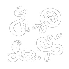 Set of black outline snakes. Isolated black line viper and cobra on white background. Page of coloring book.