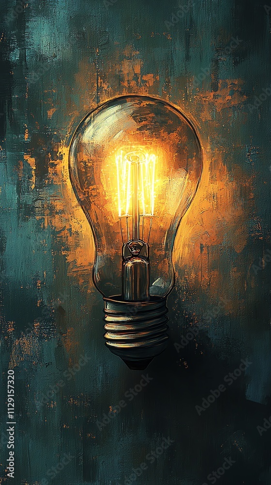 Poster A glowing light bulb against a textured background, symbolizing illumination and creativity.