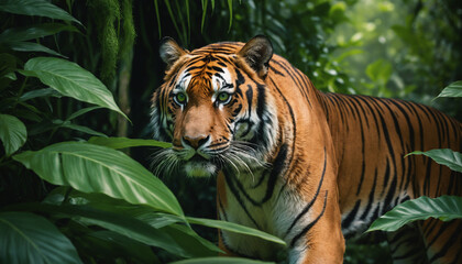 Obraz premium tiger in a lush jungle, its orange stripes prominent against the green leaves