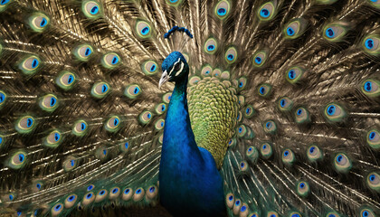 Fototapeta premium peacock with a vibrant blue body and a large, colorful, fan-shaped tail