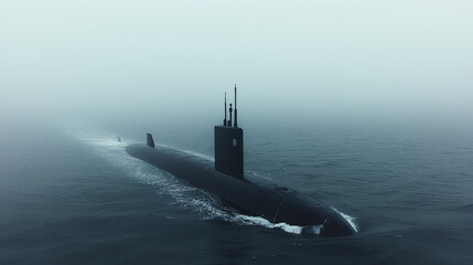 Fototapeta premium Submerged in Mystery: A sleek black submarine cuts through a swirling mist, leaving a trail of ripples in its wake, the air thick with anticipation and the promise of unseen depths. 