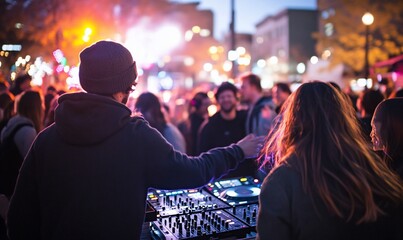 Fototapeta premium DJ performing at outdoor night festival.