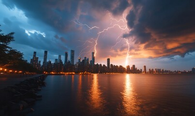 Naklejka premium Dramatic city skyline at twilight during a powerful thunderstorm with lightning striking.