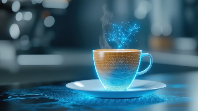 Coffee served on a digital platter projecting a virtual aroma, futuristic cafe