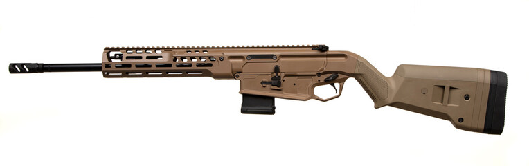Modern tactical rifle with tan polymer stock, precision barrel, and ergonomic design, isolated on white background.