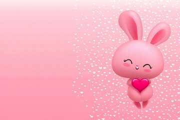 Obraz premium Happy cartoon bunny holding pink heart. Valentines day design with space for text