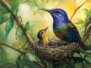 Purple Sunbird Female feeding baby bird