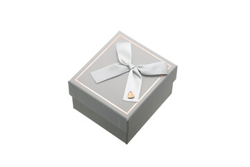 small grey gift box with ribbon on white isolated background