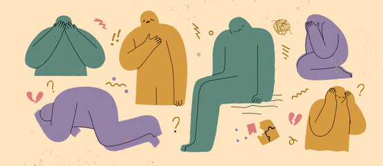 Abstract doodle people with depression, anxiety, mental health disorder set. Hand drawn flat vector illustration