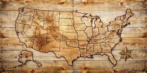 Fototapeta premium A Hand-Crafted Wooden Map of the United States with State Borders and a Detailed Compass Rose