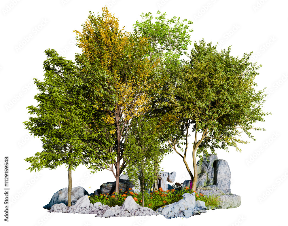 Poster small tree group with rock and flower field png transparent background, 3d illustration rendering