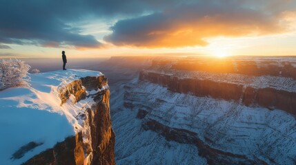 person standing on cliff edge at sunset over snowy canyon