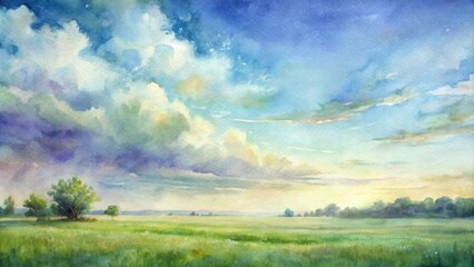 Watercolor Painting of a Tranquil Meadow Under a Cloudy Sky with Lush Green Grass and a Distant Horizon