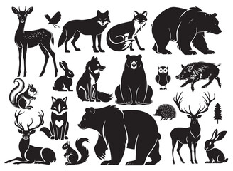 Silhouette woodland animals collection isolated on white background