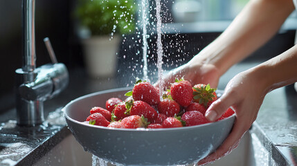 Closeup of the woman holding the gray bowl with strawberries and berries above the kitchen sink, washing the healthy and sweet summer fruits with water from the faucet.