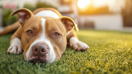 Closeup portrait of brown and white pitbull dog lying, resting and relaxing outdoors on a sunny summer day. tired pet animal, hot temperature, heatwave, garden grass backyard outside.