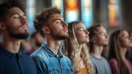 Naklejka premium Group of diverse people, young men and women standing in church interior with their eyes closed and praying. spiritual and religious, worship god, believe in jesus christ, family or friends support.