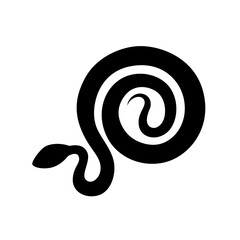 Isolated black silhouette of snake on white background. Black flat cartoon snake curled up in a ball