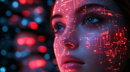 AI Artificial intelligence cyber. Futuristic AI abstract design, intricate circuitry pattern. AI Robot face, virtual human, virtual character, digital clone, machine learning. Realistic photo