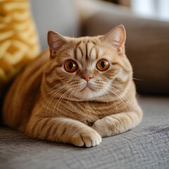 red scottish fold cat with orange eyes