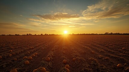 sunset over a pumpkin field with vibrant colors